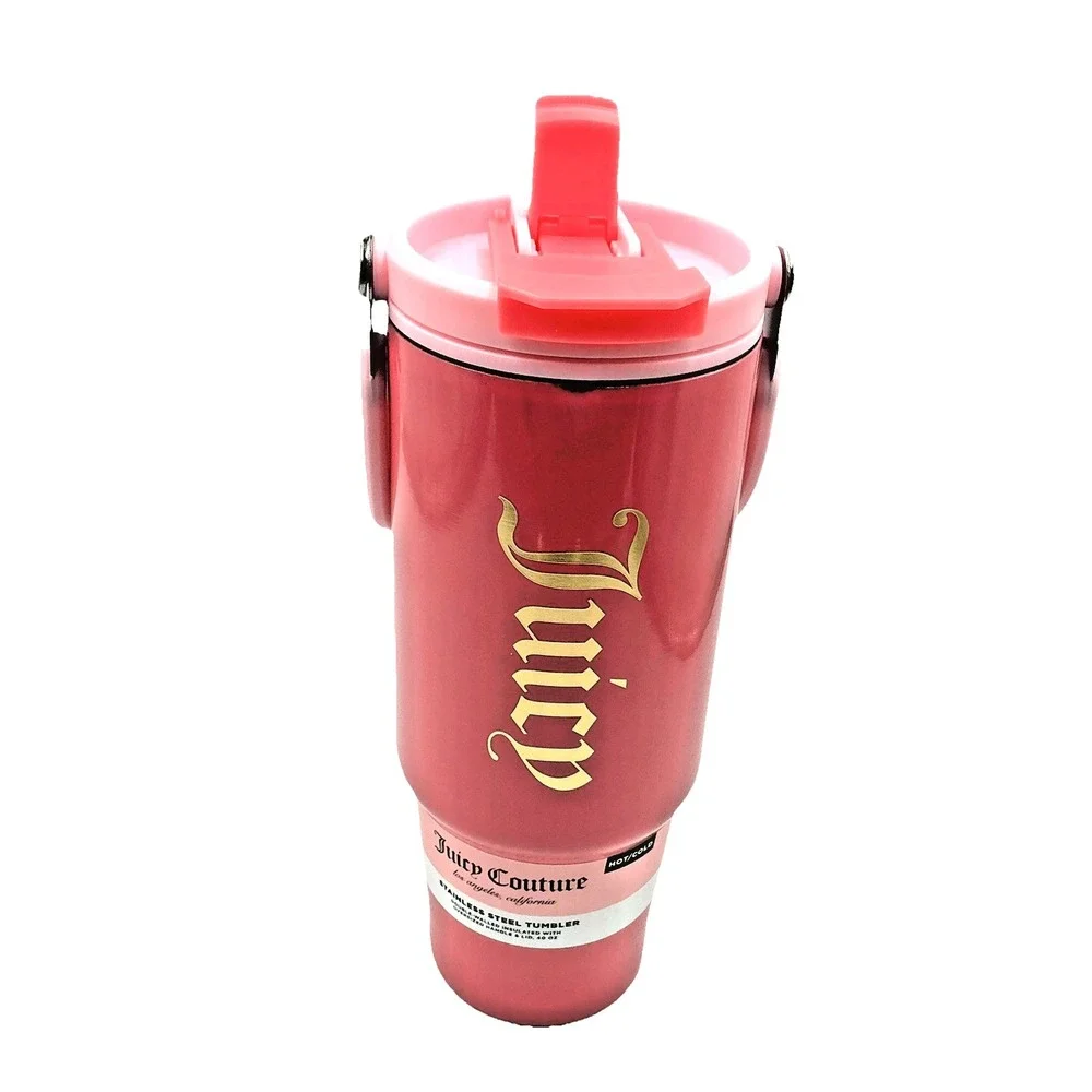 Juicy Couture Pink Insulated 40 Oz Tumbler Pop Up Straw Gothic Logo NWT